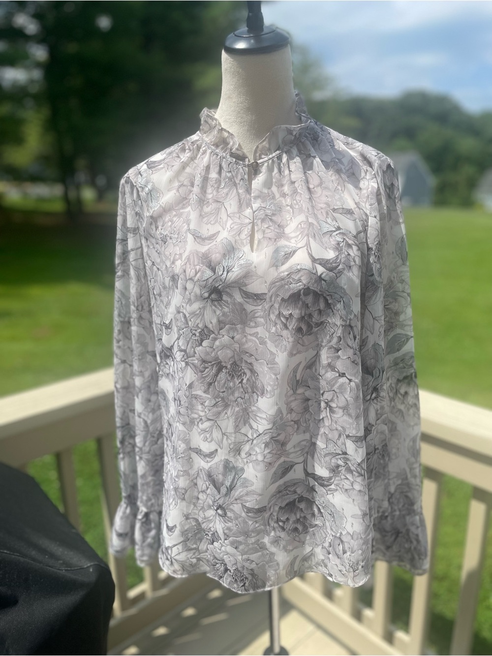 Floral Ruffle-Neck Blouse - Light Gray Floral